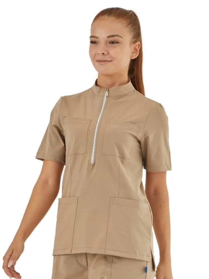 Wio-casacca-donna-manica-corta-zip-centrale-tasche-beige